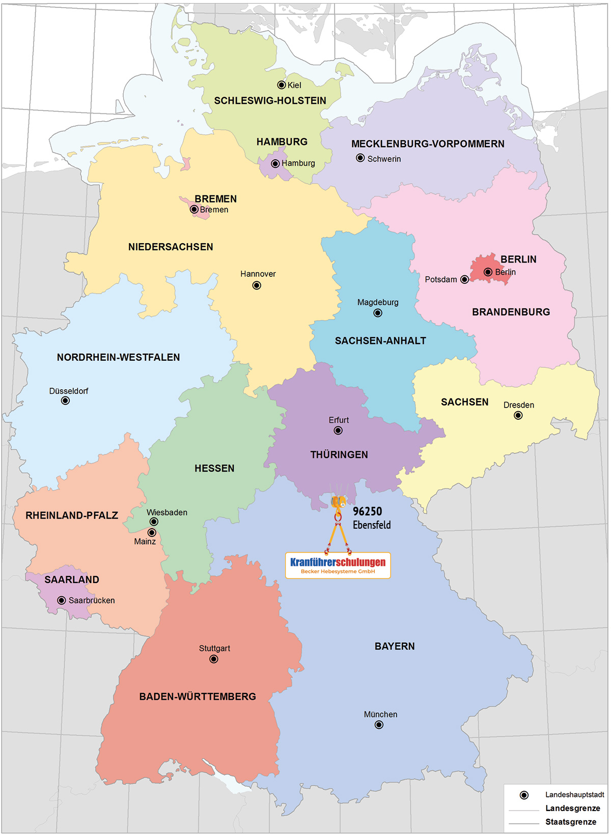 Kranführerschulungen in Bayern, Thüringen, Sachsen, Baden-Württemberg (BW), Hessen, Saarland, Rheinland-Pfalz (RP) und Nordrhein-Westfalen (NRW)